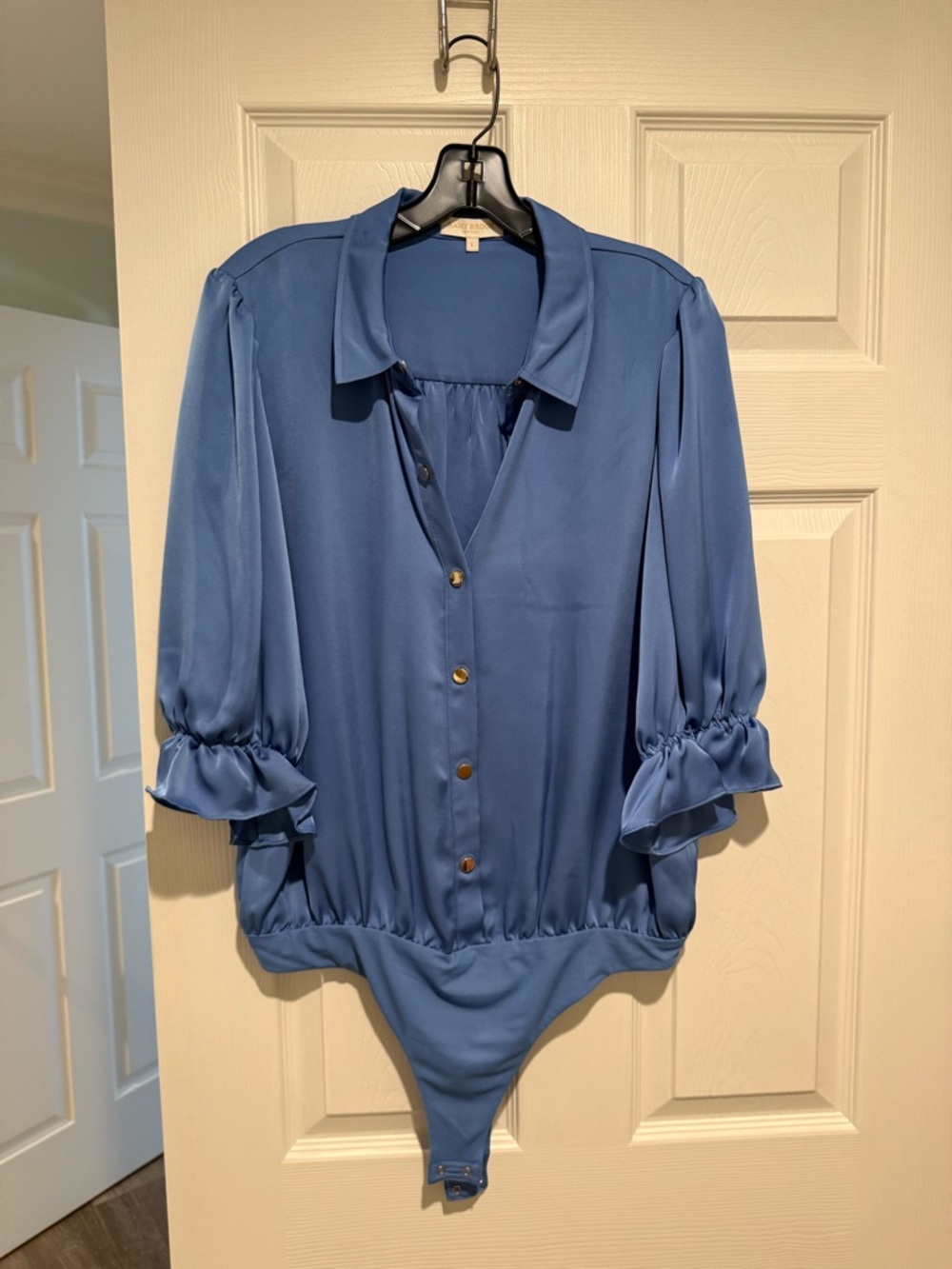 Ramy Brook Slate Blue Satin Button-Front Bodysuit